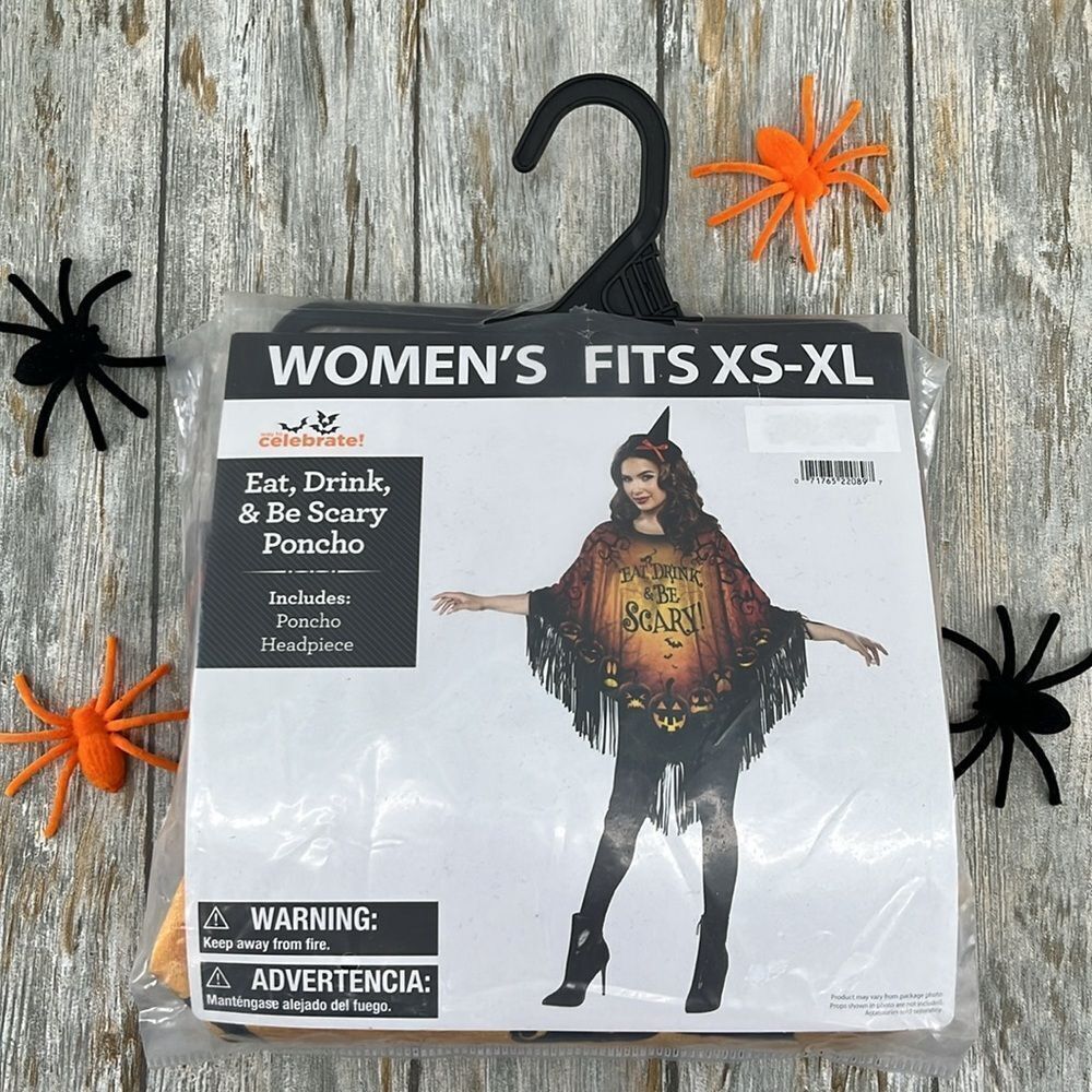 Woman’s Eat Drink & Be Scary Halloween Costume Poncho & Witches Hat